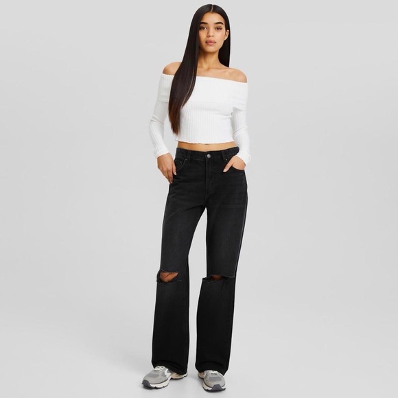Bershka Black Washed Wide Leg Jeans 2 - Picture 1 of 8